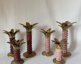 Vintage Set of 3 Brass and Pink Stone Color Palm Trees Candle Holders, Vintage Mid Century Candle Holder, Boho Candle Holders, Hawaii Decor