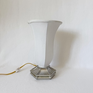 Vintage Art Deco Table Lamp, Tulip Shaped Fabric Shade, Hexagonal Silver Base, Retro Elegant Lighting for Home or Office Decor, Ivory Shade