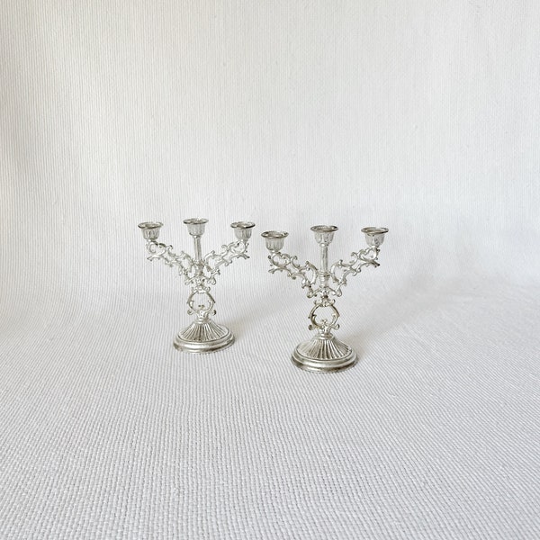 Vintage Silver Plated Three Arms Mini Candelabra, Small Candelabra for Holidays, Table Top Silver Candelabras for Slim Tall Candlesticks