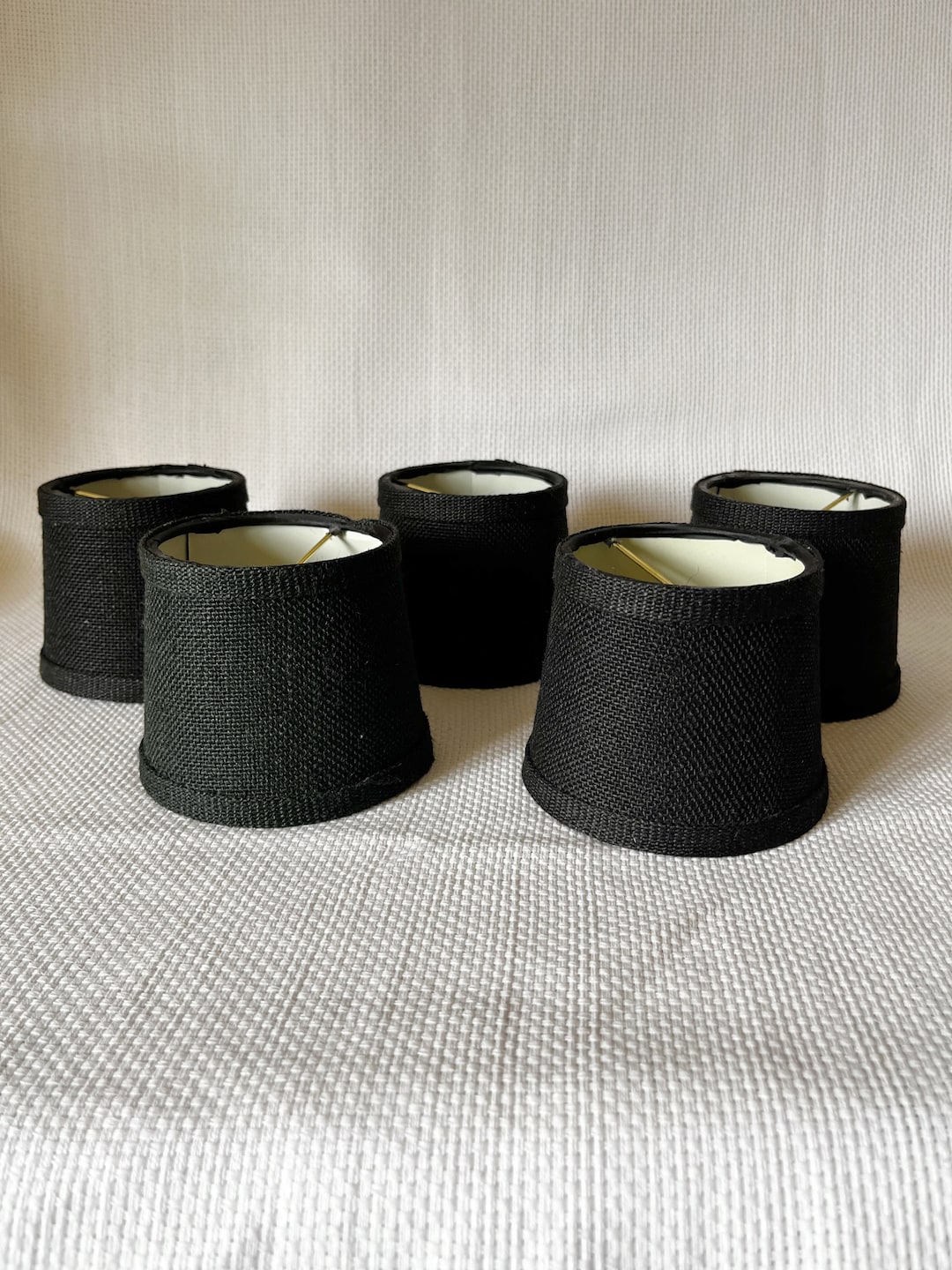 Vintage Small Fabric Lamp Shades, Black Drum Shades, Clipon Attachment