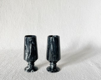 Vintage Spanish Gray Stone Shot Set of 2, Grey and White Marble Small Goblets, Natural Stone Barware, Cabinet or Bar Shelve Decoration Set