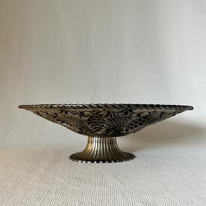 Vintage Old Ornate Silver Metal Pedestal Decorative Bowl, Fruit Dish Handmade Silver Repousse Oval Fruit Tray, Grapes And Vines Foliage