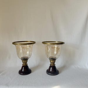 Handsome Vintage Metal and Etched Glass Hurricane Candle Holders, Unique Primitive Old Ornate Glass Candle Holders, Glass Centerpiece Set