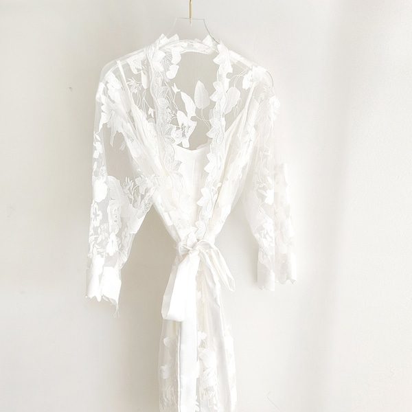 Bridal Lace Robe | Bachelorette Gift | Bridal Party Robe | Bridal Party Gift | Destination Beach Wedding Robes (White Bridal Robe)