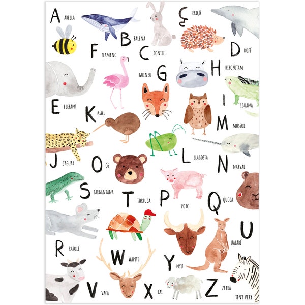 Abecedari catalan des animaux : Illustration pédagogique pour enfants