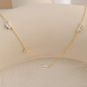 Diamond Station Necklace, Sterling Silver Necklace, Dainty Crystal Charm Necklace, Anniversary Gift, Gifts for Mom, K0032