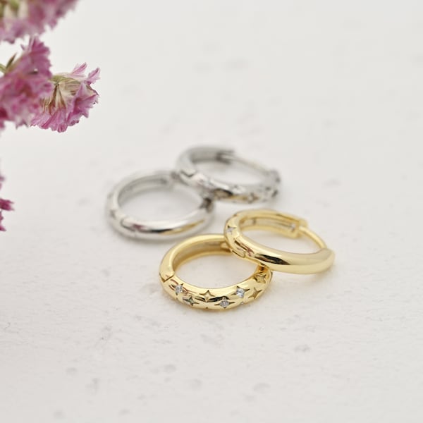 Pendientes de aro con estrella de diamantes, pendientes de aro con pavé de eternidad, joyería de plata de ley, joyería minimalista, regalo de aniversario, K0020