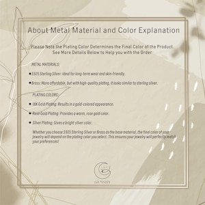 May include: An informational graphic titled "About Metal Material and Color Explanation." It details metal materials like S925 Sterling Silver and Brass, and plating colors such as 18K Gold, Rose Gold, and Silver. The GEMSHY logo is at the bottom.