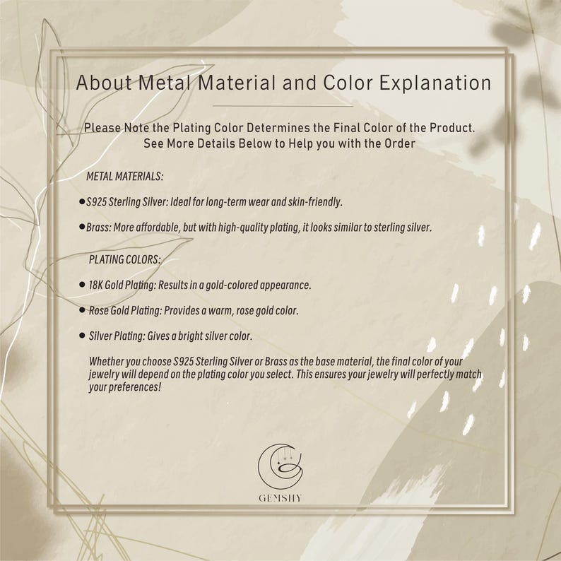 May include: An informational graphic titled "About Metal Material and Color Explanation." It details metal materials like S925 Sterling Silver and Brass, and plating colors such as 18K Gold, Rose Gold, and Silver. The GEMSHY logo is at the bottom.