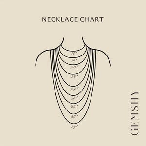 May include: A necklace chart illustration with a beige background. The chart shows necklace lengths from 16 inches to 39 inches, with the text "NECKLACE CHART" at the top. The brand name "GEMSHY" is on the right side.