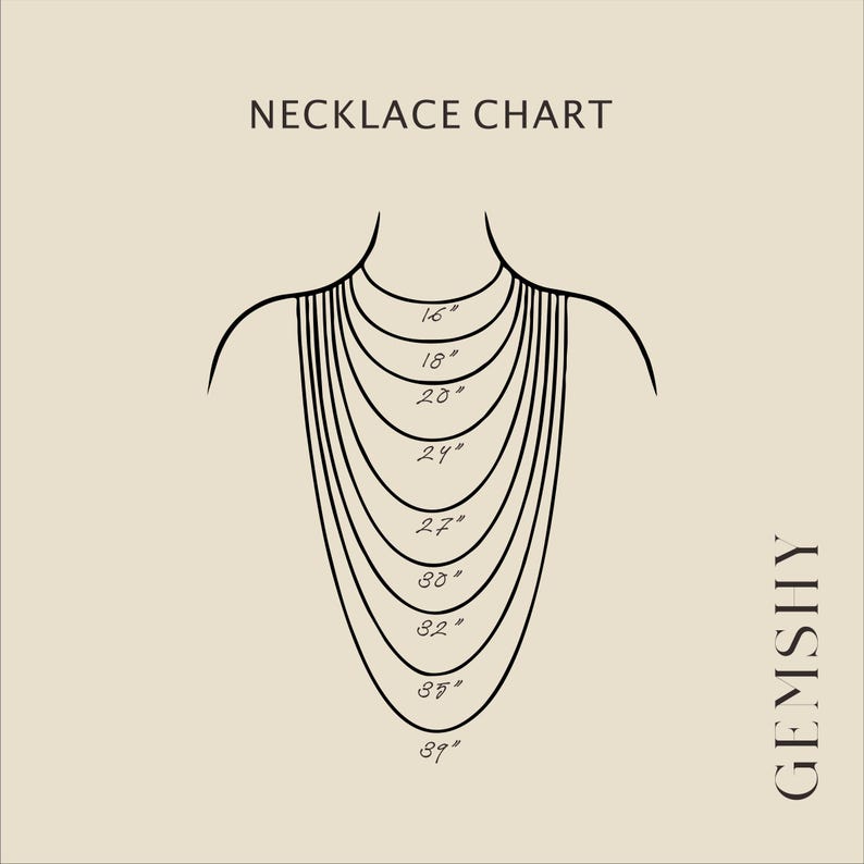 May include: A necklace chart illustration with a beige background. The chart shows necklace lengths from 16 inches to 39 inches, with the text "NECKLACE CHART" at the top. The brand name "GEMSHY" is on the right side.