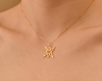 Stainless Steel Metal Unicursal Hexagram Pendant Necklace With a