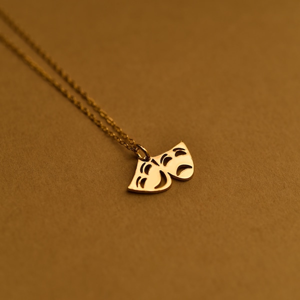 Gold Comedy & Tragedy Mask Necklace, Minimalist Theater Pendant, Gift for Actors or Drama Students, Opening Night or Graduation, GS0219