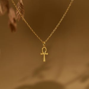 May include: A gold Ankh pendant necklace. The pendant, a looped cross, hangs from a fine chain. The necklace is shown against a warm, neutral backdrop, accentuating the jewellery's design. The chain and pendant are gold in colour.