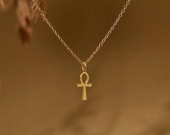 18K Gold Ankh Cross Necklace, Egyptian Jewelry, Key of Life Pendant, Spiritual Protection Necklace, Faith Symbol Gift for Her, GS0119