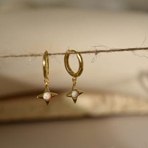 Opal Star Diamond Huggie Hoop Earrings, Pave Hoop Earrings, Celestial Jewelry, Four-pointed star Jewelry, Sister Gift, Gifts for Her, K0091