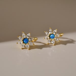 Blue Opal Starburst Hoop Earrings, Huggie Earrings, Dainty Earrings, Minimalist Earrings, Mothers Day Gift, Gift for her, K0084