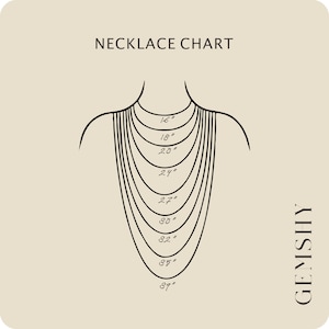 May include: A necklace chart showing different lengths from 16 inches to 39 inches. The chart is illustrated with a simple line drawing of a person's neck and shoulders.