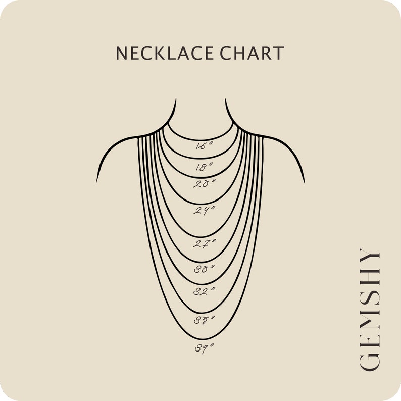 May include: A necklace chart showing different lengths from 16 inches to 39 inches. The chart is illustrated with a simple line drawing of a person's neck and shoulders.