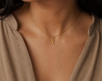 18Kゴールド アンククロスネックレス、エジプトジュエリー、生命の鍵