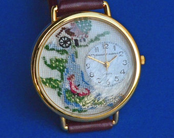 Hand Embroidered Jewellery: Waterfall Watch in petit point silk gauze by Elizabeth~R~Anderson Miniature Embroideries