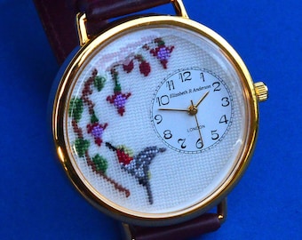 Hand Embroidered Jewellery: Hummingbird Watch in petit point silk gauze by Elizabeth~R~Anderson Miniature Embroideries