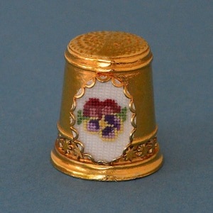 Embroidered Pansy Thimble in petit point silk gauze by Elizabeth~R~Anderson Miniature Embroideries