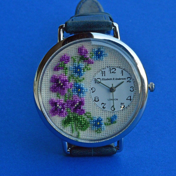 Hand Embroidered Jewellery: Violet & Forget Me Not Flower Watch in petit point silk gauze by Elizabeth~R~Anderson Miniature Embroideries