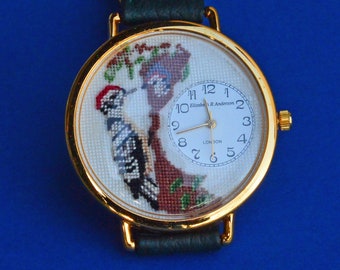 Hand Embroidered Jewellery: Woodpecker Bird Watch in petit point silk gauze by Elizabeth~R~Anderson Miniature Embroideries