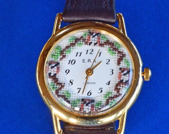 Hand Embroidered Jewellery: Small Owl Watch in petit point silk gauze by Elizabeth~R~Anderson Miniature Embroideries