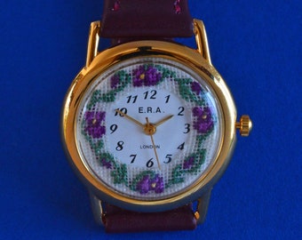 Hand Embroidered Jewellery: Small Violet Watch in petit point silk gauze by Elizabeth~R~Anderson Miniature Embroideries