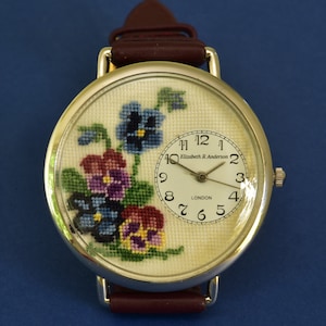 Hand Embroidered Jewellery: PANSY WATCH available from Elizabeth ~R~ Anderson Miniature Embroidery