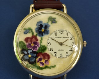 Hand Embroidered Jewellery: PANSY WATCH available from Elizabeth ~R~ Anderson Miniature Embroidery