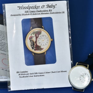 Watch KIT: Woodpecker Petit Point Silk Gauze kit and watch setting by Elizabeth~R~ Anderson Miniature Embroideries