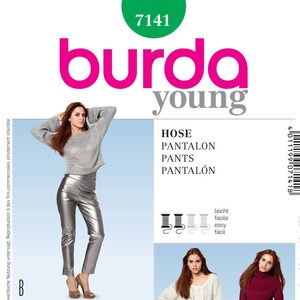 May include: Burda Young sewing pattern number 7141 for pants. The pattern includes three different styles of pants: A, B, and C. The pattern is available in sizes 34 to 46 and 8 to 20.
