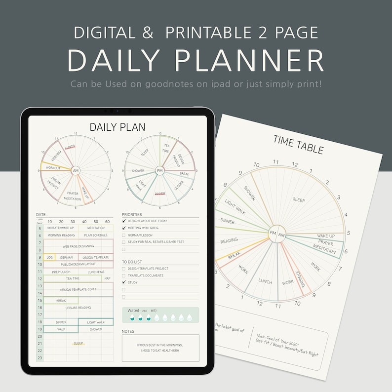 Pu&ograve; includere: Planner giornaliero digitale e stampabile con layout a due pagine. Il design include un piano giornaliero e una tabella oraria, entrambi con layout circolari. Il planner &egrave; progettato per essere utilizzato su iPad o semplicemente stampato.
