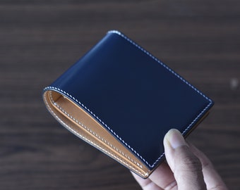 Navy Blue Shell Cordovan and Buttero Leather Bifold Wallet. Customizable 10 Colour Shell Cordovan Bifold Wallet. Mens Gift Wallet.