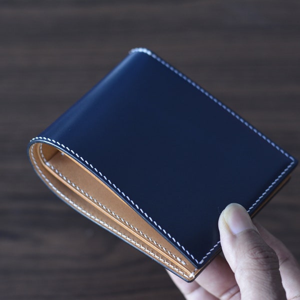 Navy Blue Shell Cordovan and Buttero Leather Bifold Wallet. Customizable 10 Colour Shell Cordovan Bifold Wallet. Mens Gift Wallet.