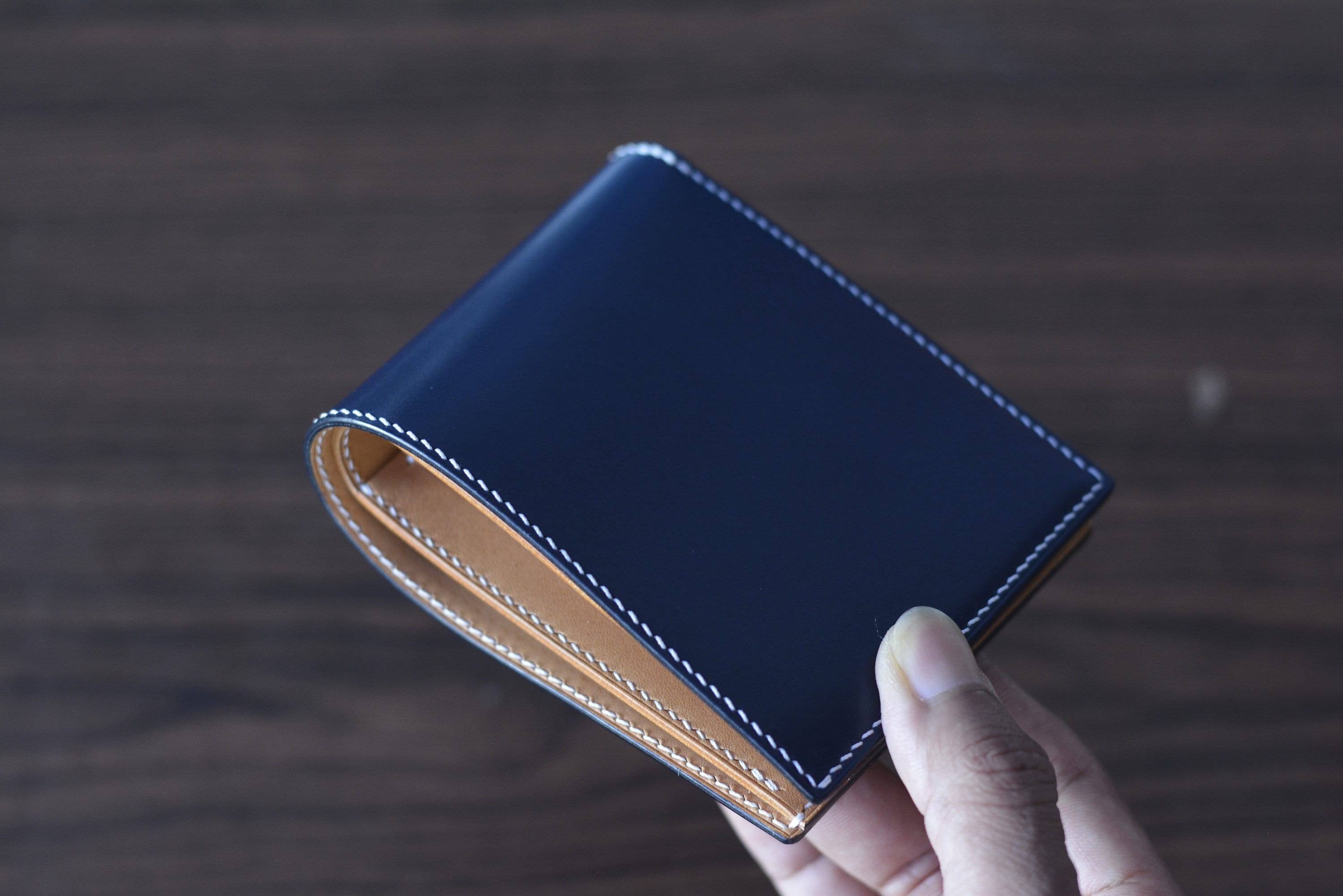 Made to Order Shell Cordovan Handmade Pocket Organizer Bifold Vertical Wallet Navy Blue and Natural Italian Vegetable Tanned Leather with Bill Divider