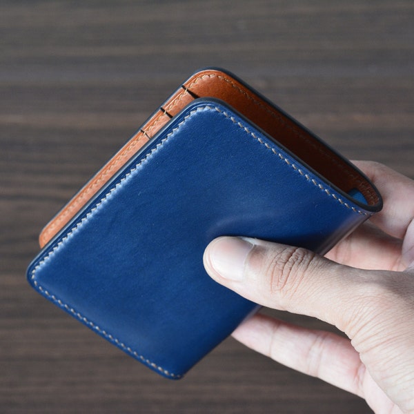 8Pocket Navy Blue Shell Cordovan And Cognag Italian Buttero Leather Bifold Card Holder. Minimalist Vertikal Wallet. Front Pocket Wallet.