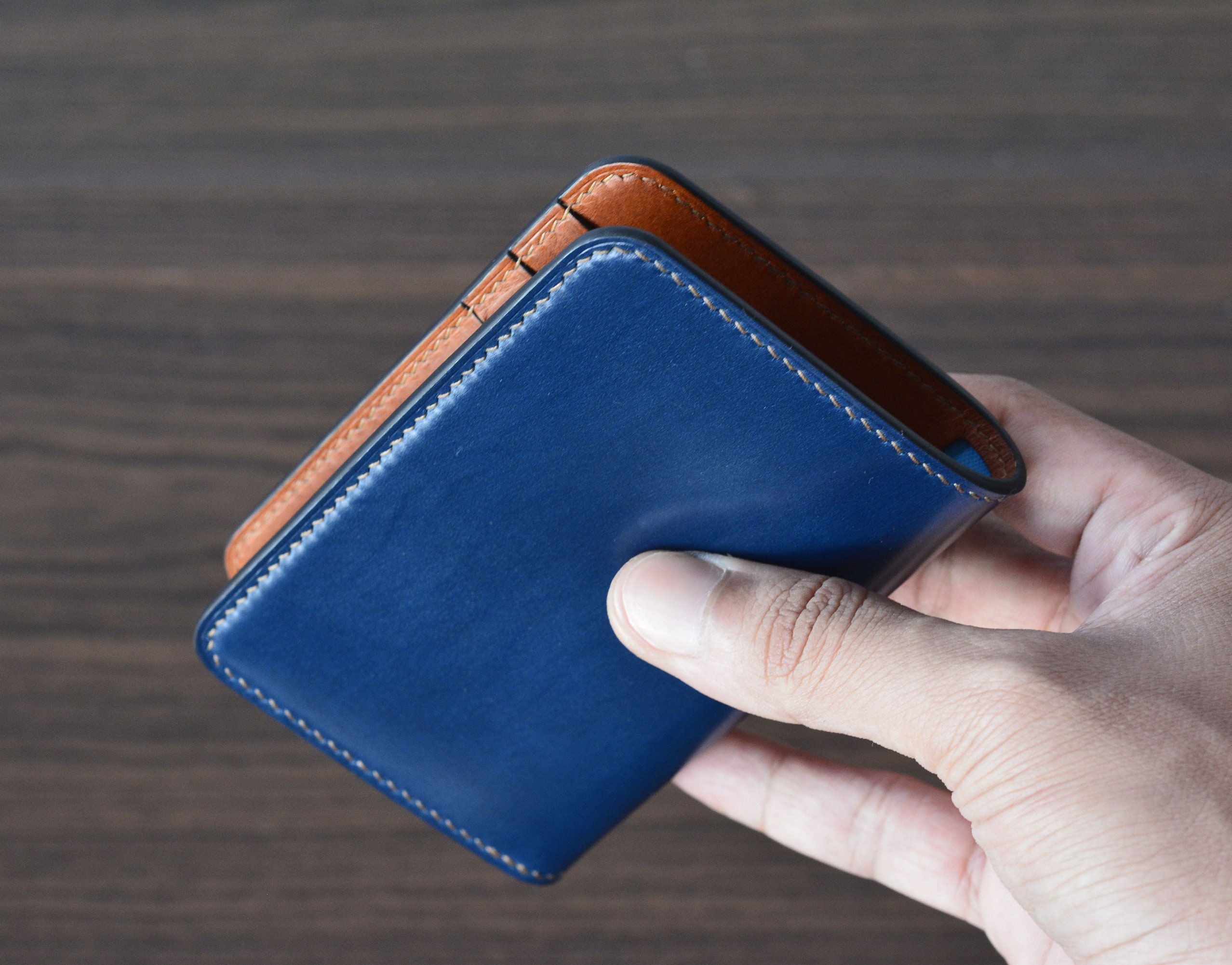Made to Order Shell Cordovan Handmade Pocket Organizer Bifold Vertical Wallet Navy Blue and Natural Italian Vegetable Tanned Leather with Bill Divider
