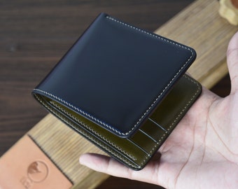 ロカド シェルコードバン 二つ折り財布：ブラック＆レッドレザー、小銭