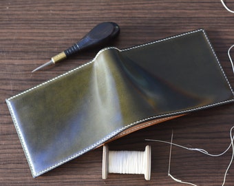 Olive Shell Cordovan and Buttero Leather Bifold Wallet. Customizable 10 Colour Shell Cordovan Bifold Wallet. Mens Gift Wallet.