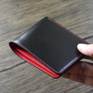 Cartera de piel de cordero negro y buttero rojo. Cartera plegable de piel de cordero en 10 colores. Cartera de regalo para hombre.