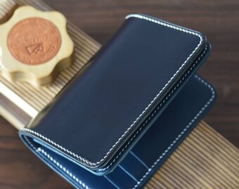 Black Shell Cordovan and Navy Blue Buttero Leather Middle Wallet