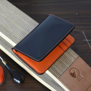 8Pocket Black Shell Cordovan And Orange Italian Buttero Leather Bifold Card Holder. Minimalist Vertikal Wallet. Front Pocket Wallet.