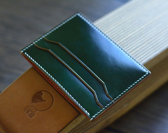 5Pocket Emerald Green Shell Cordovan Card Holder. Minimalist Wallet.