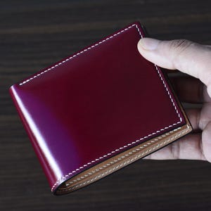 V1 Full Shell Cordovan Bifold Wallet. Men Leather Wallet. Red Garnet And Natural Shell Cordovan Wallet.