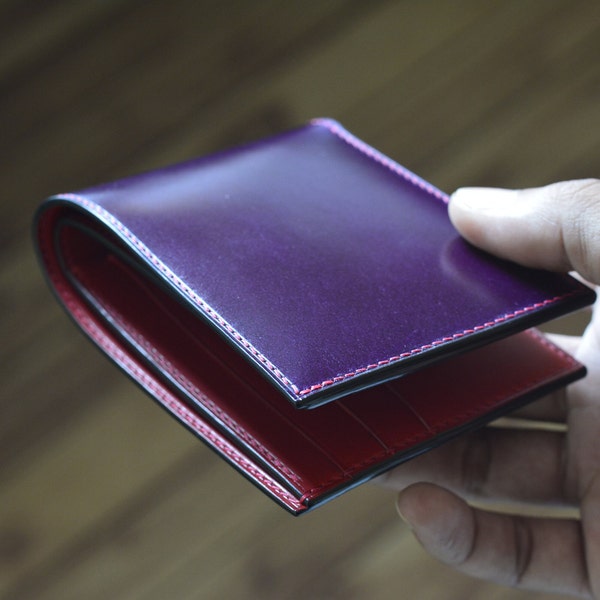 Violet Shell Cordovan and Red Buttero Leather Bifold Wallet. Mens Gift Wallet. Japanese Shell Wallet.