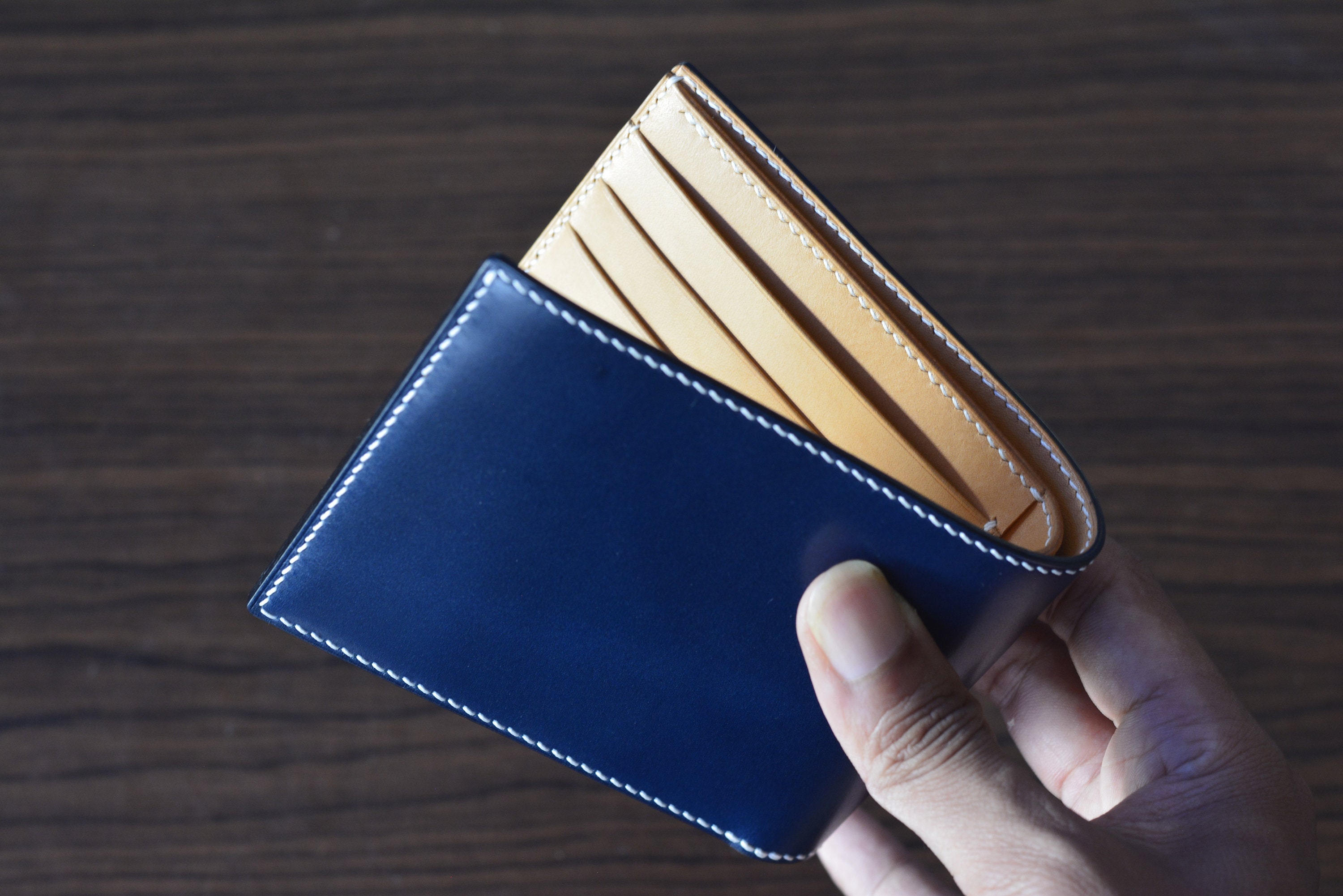 Made to Order Shell Cordovan Handmade Pocket Organizer Bifold Vertical Wallet Navy Blue and Natural Italian Vegetable Tanned Leather with Bill Divider